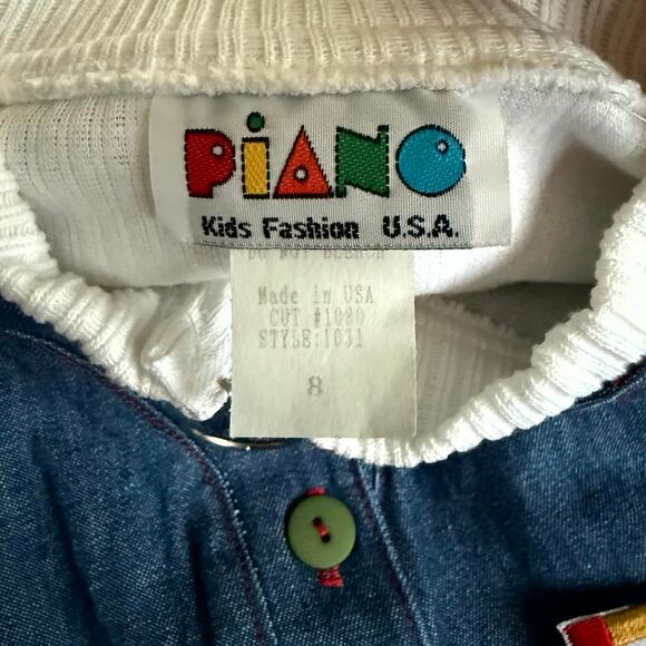 Vintage 90s Piano Kids Fashion Jumper Dress & Shirt Set Girls 8 Farm Patch Denim - Picture 5 of 6